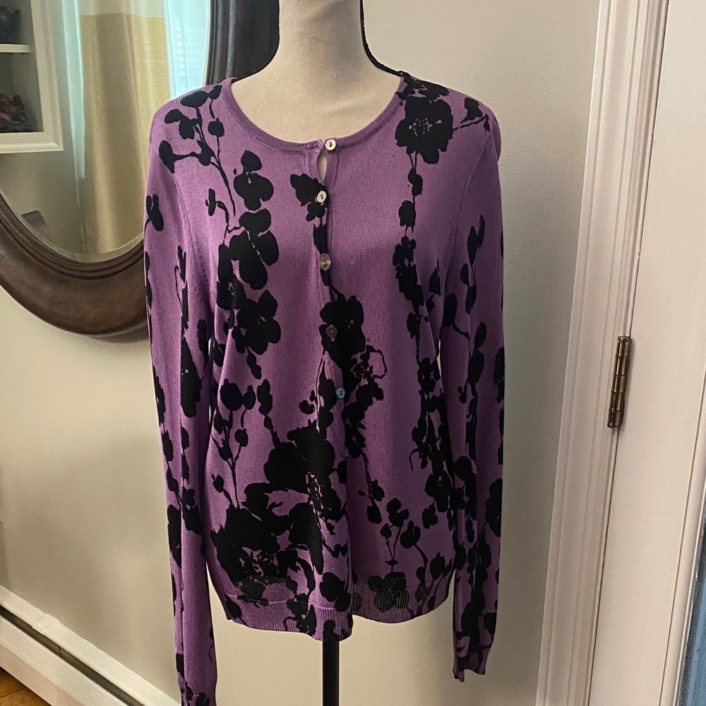 Jones New York Purple Sweater with Black Floral Pattern